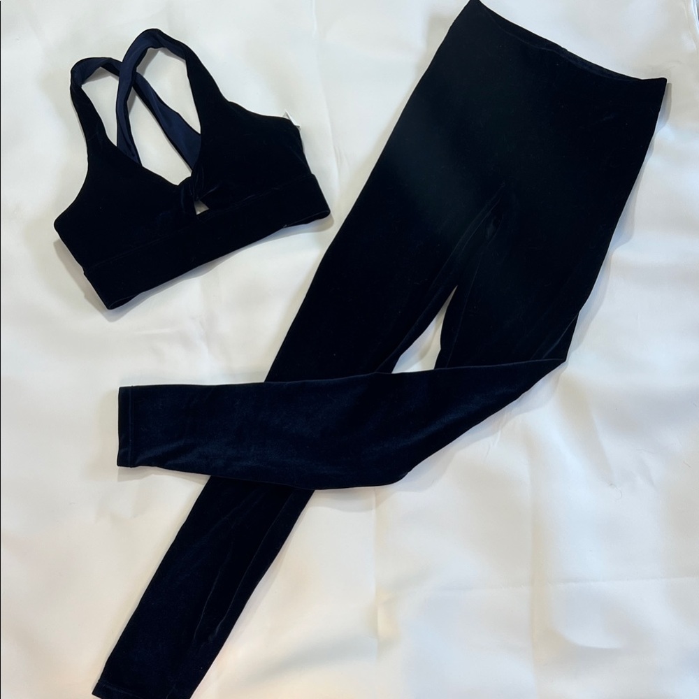 Dark Blue Velour Sports Bra and Leggings Set